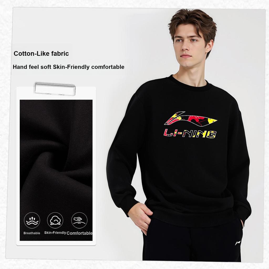 Li-Ning Casual Simple Round Neck Versatile Letter Print Loose Comfortable Sweatshirt Unisex sweatshirt AWDVG89-1