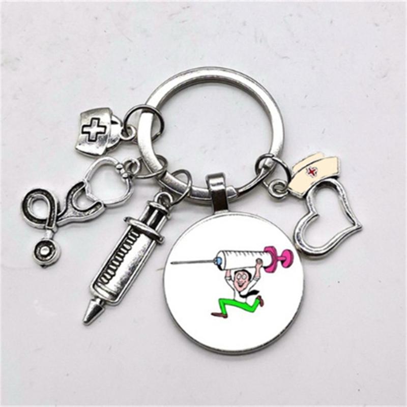 1Pc Nurse Medical Syringe Keychain Glass Key Ring Pendant Stethoscope Pattern Keychain Gift