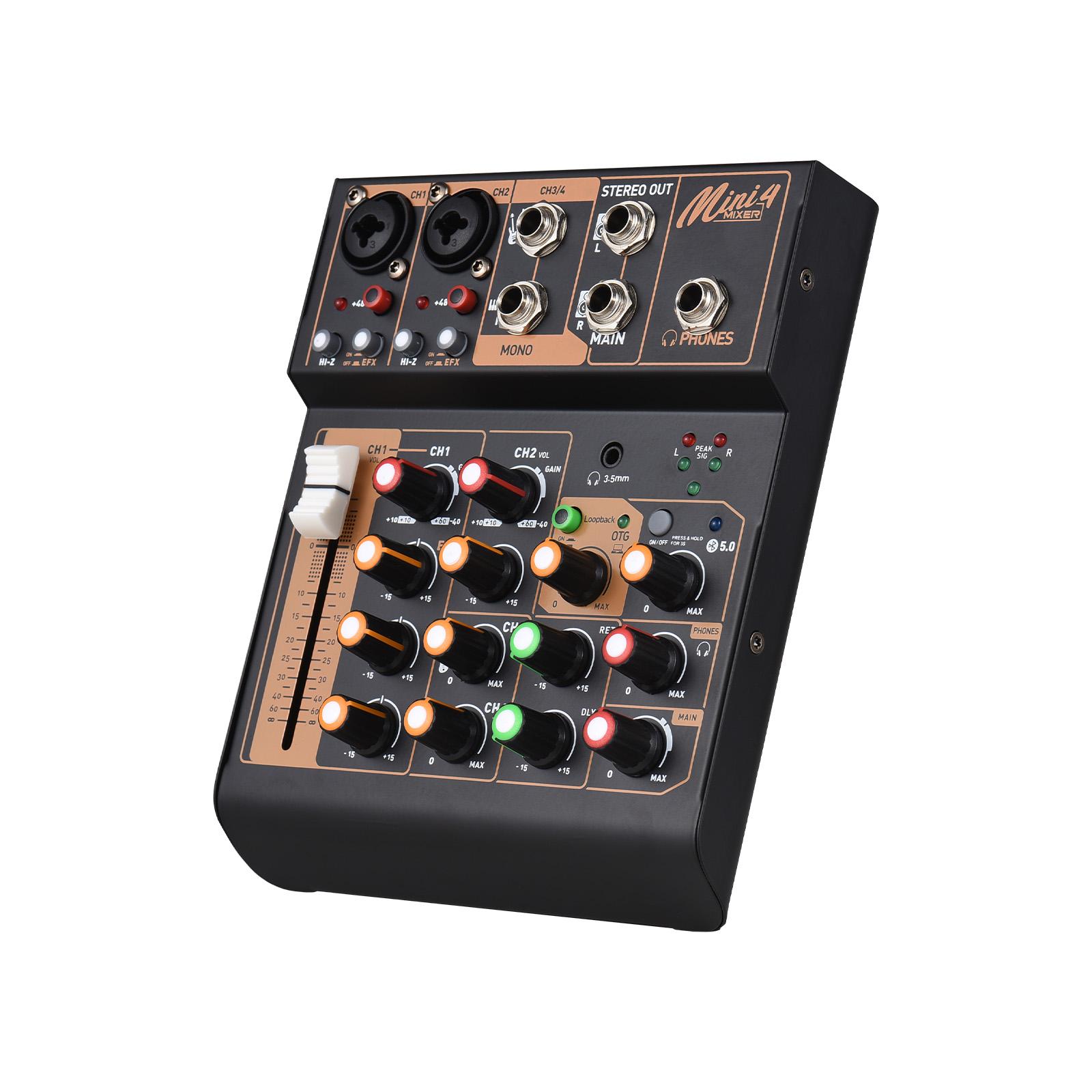 

Mixer Portable 4-Channel DJ Mixer Console Sound Mixing Board with USB 48V Power 3-band EQ Loopback Button Console for Live