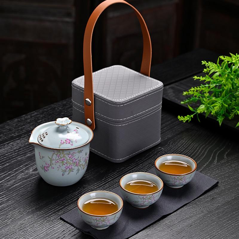 Ru kiln portable travel tea set Kuaike cup outdoor leather bag storage bag travel advanced sense camping