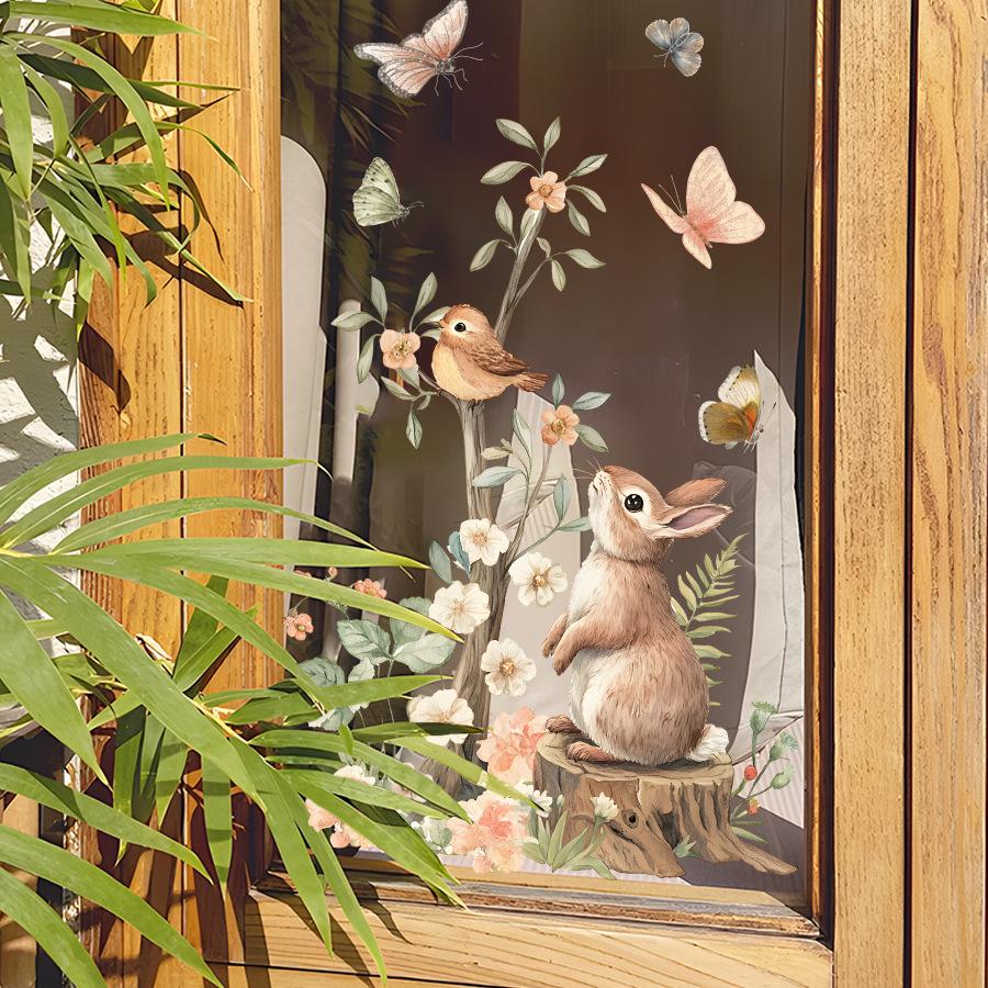 Static Cling Window Sticker Cartoon Rabbit Flower Bird Butterfly Double Sided Visible Glass Home Decor