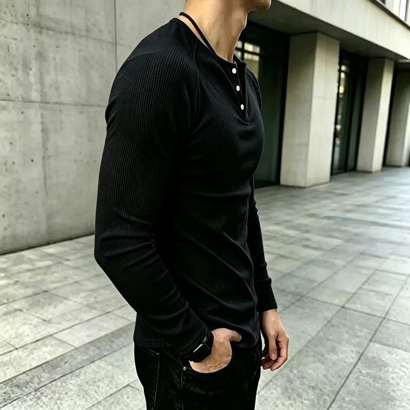 Men S Slim Fit Long Sleeve Henry Neck T Shirt Solid Color Casual Top
