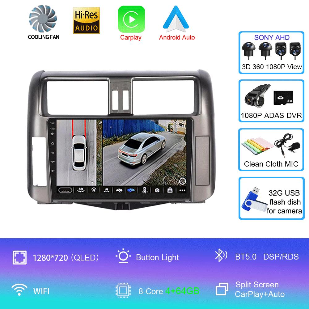For Toyota Prado 2010-2013 Android 14 2din Car Radio Carplay Auto Stereo Radio GPS Navigation 4G WIFI DSP