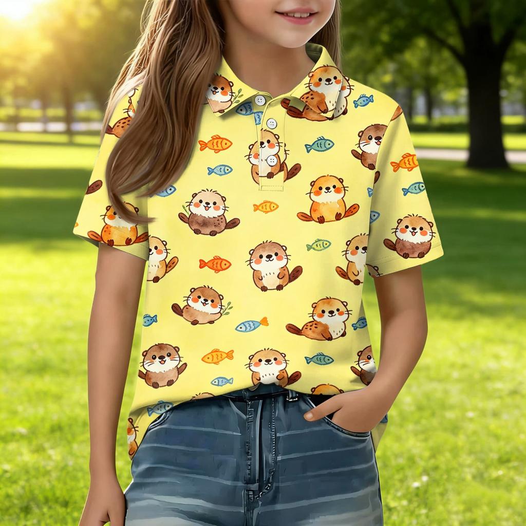 Kids Short Sleeve Polo Shirt Animal Print Casual Top Button Down Collar Lightweight Summer Tee for Boys Girls