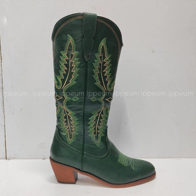 IPPEUM Western Cowboy Boots For Women Red Knee High Wide Calf Cowgirl Boots Embroidered White Pointed Toe Chunky Heel Shoes