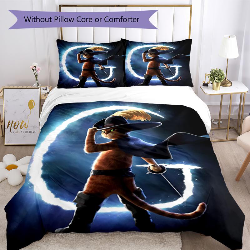 3pcs Puss In Boots Bedding Set Duvet Cover Closure Includes 1 Duvet Cover & 2 Pillowcases, Soft and Comfortable for All Seasons.