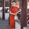 Long Red Chinese-Inspired Cheongsam Dress Women 2026 Vintage Style With Stand Collar Side Slit