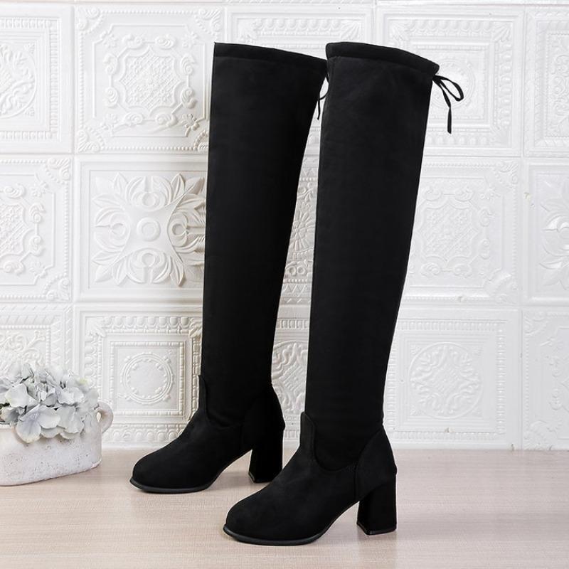 Women's Shoes, Over-the-knee Boots, Women's Boots, Thick Heels with LACES At The Back, High Heels, Round Toe