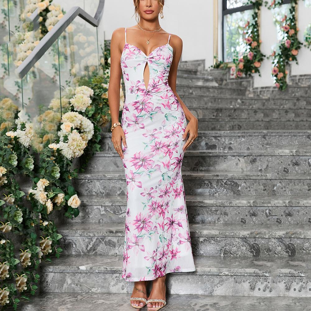 Mesh printing suspender dress, European and American sexy hollowed-out backless hip-wrapped fishtail knitted dress XS