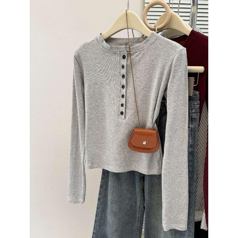 Real shot button crew neck long sleeve T-shirt women's early autumn slim fit bottoming shirt sweet spice girl top