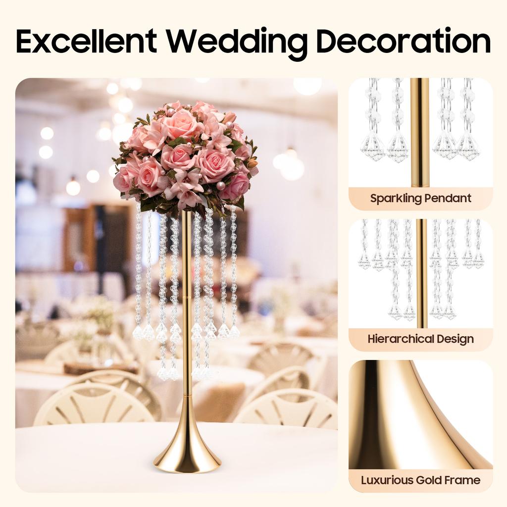 10Pcs Gold Flower Stands, 21.9 Inch Tall Wedding Centerpieces - Elegant Acrylic Crystal & Iron Floor Vases for Tabletop Decor