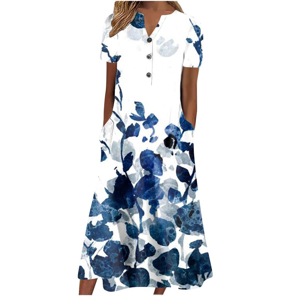 Women's Summer Casual Printed V-Neck Short-Sleeve Swing Dress