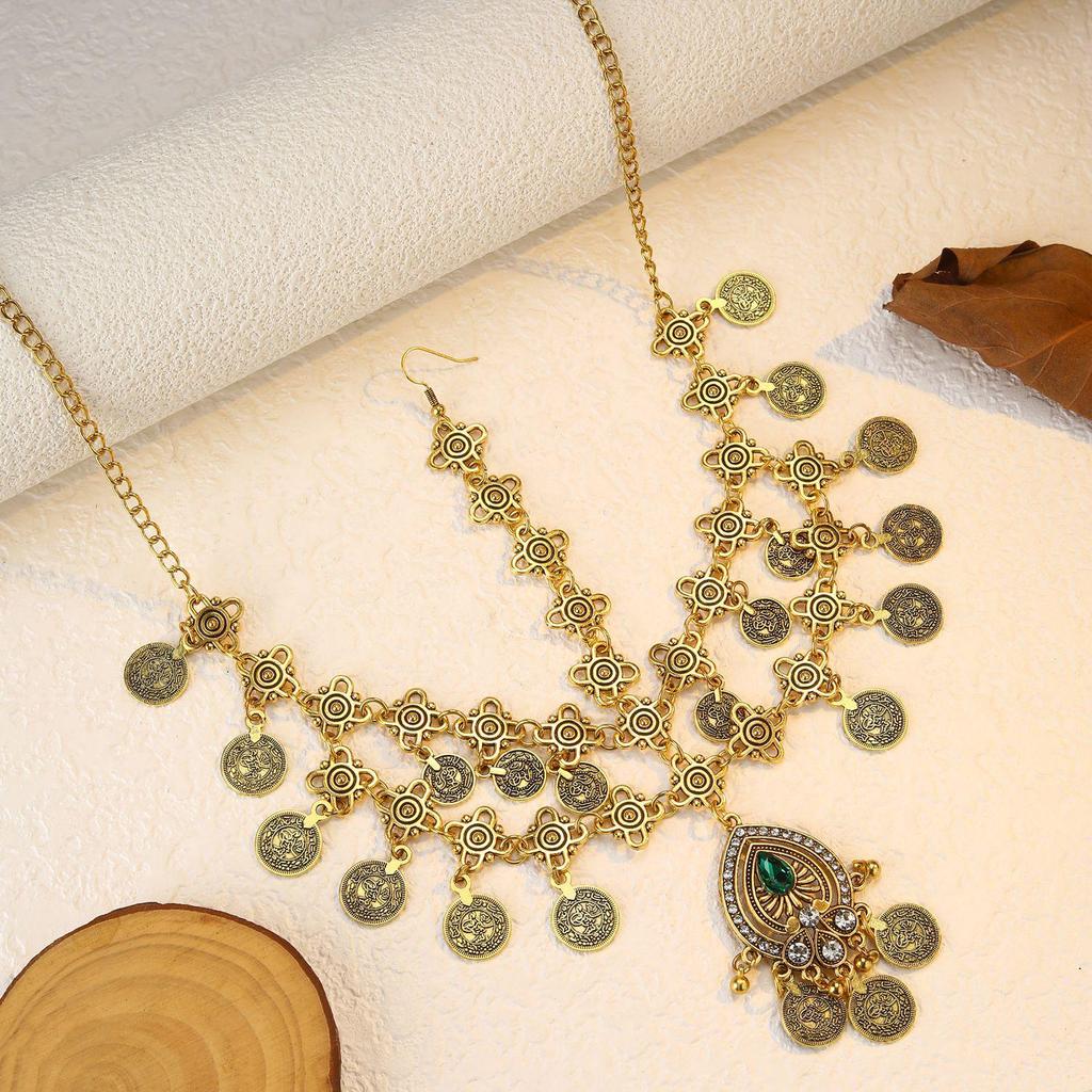 Bohemian Exotic Rhinestone Tassel Necklace & Earrings Set In Antiqued Alloy