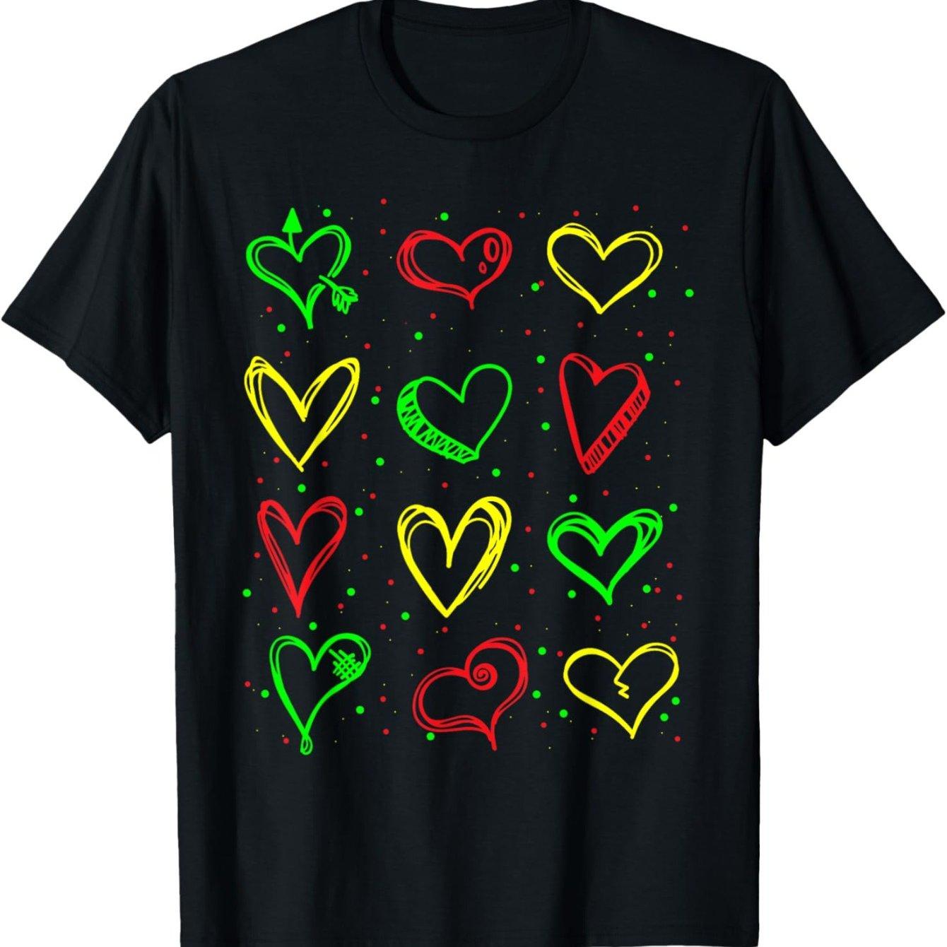 Kwanzaa Pan African Colors Heart Doodle Graphic Tee Men s Casual Round Neck Cotton T-Shirt 4XL