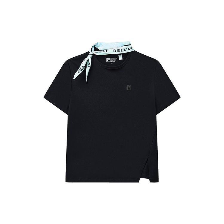 FILA Simple Letter Print Lace-Up Round Neck Loose Knit Short Sleeve T-Shirt Women Tops Legendary-Blue F11W237103F-NV S