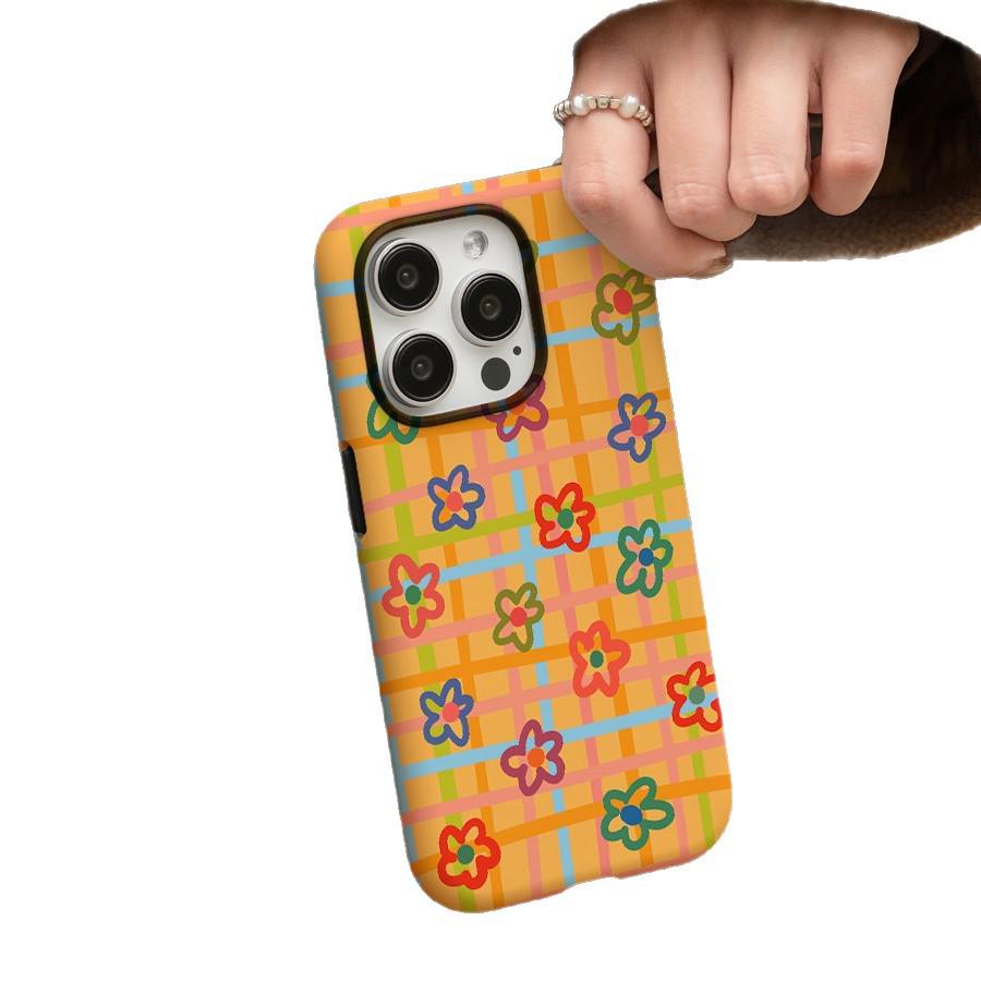Yellow Plaid Floral Case for iPhone 17 Pro Max - Cartoon Cute Design, Full Wrap