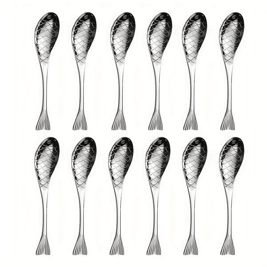 3/6/12 ks Nerezová sada příborů ve tvaru ryby s ozdobnými rukojeťmi, Elegantní lžička na kaviár, Polévková lžíce, Dezertní lžička pro domácnost