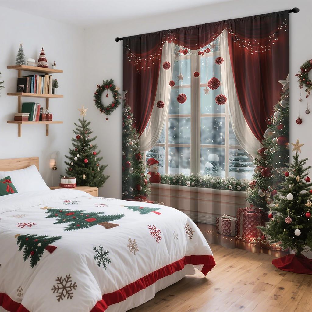 Single Panel Christmas Window Scenery Decoration Curtain Made Polyester Fiber Design Suitable Holiday Parties Winter Celebrations Decorations Of With
