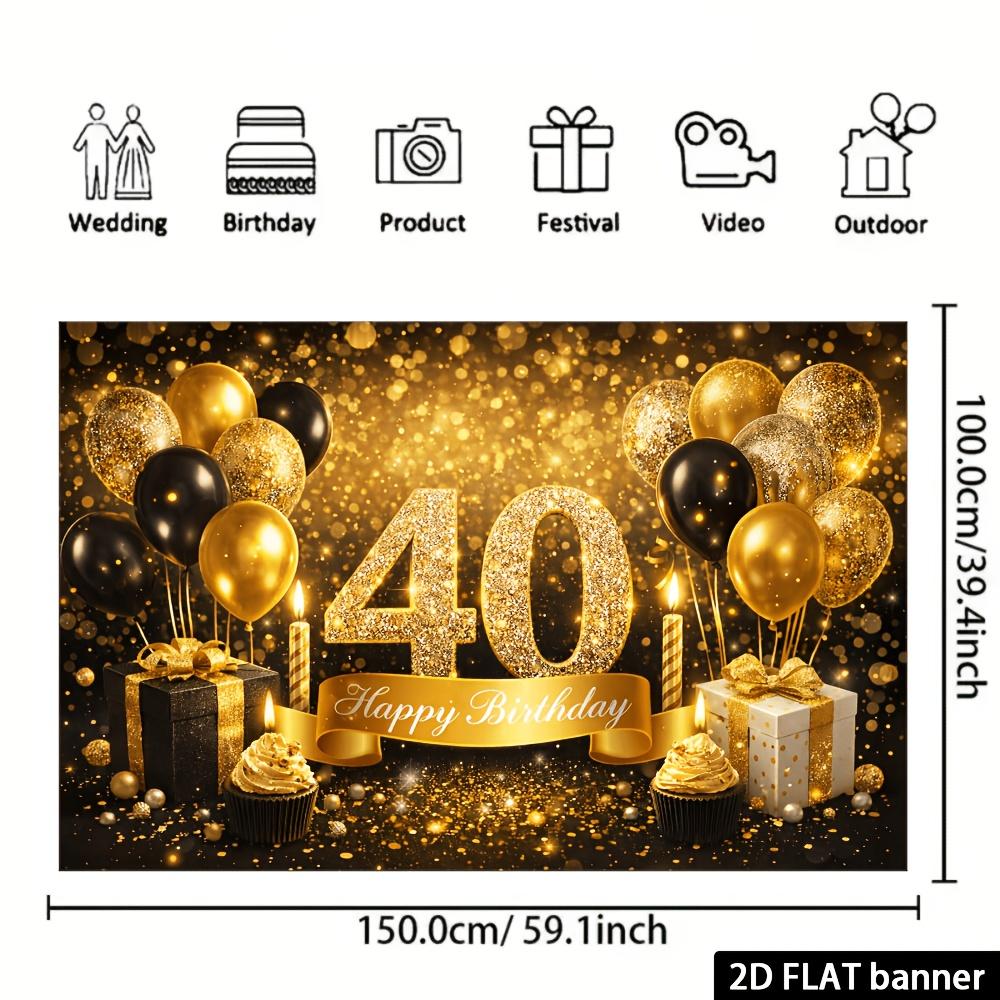 2D-Ebene 40. Geburtstag Party Banner Hintergrund mit Schwarz-Gold-Glitzer-Thema, hergestellt aus strapazierfähigem Polyestermaterial