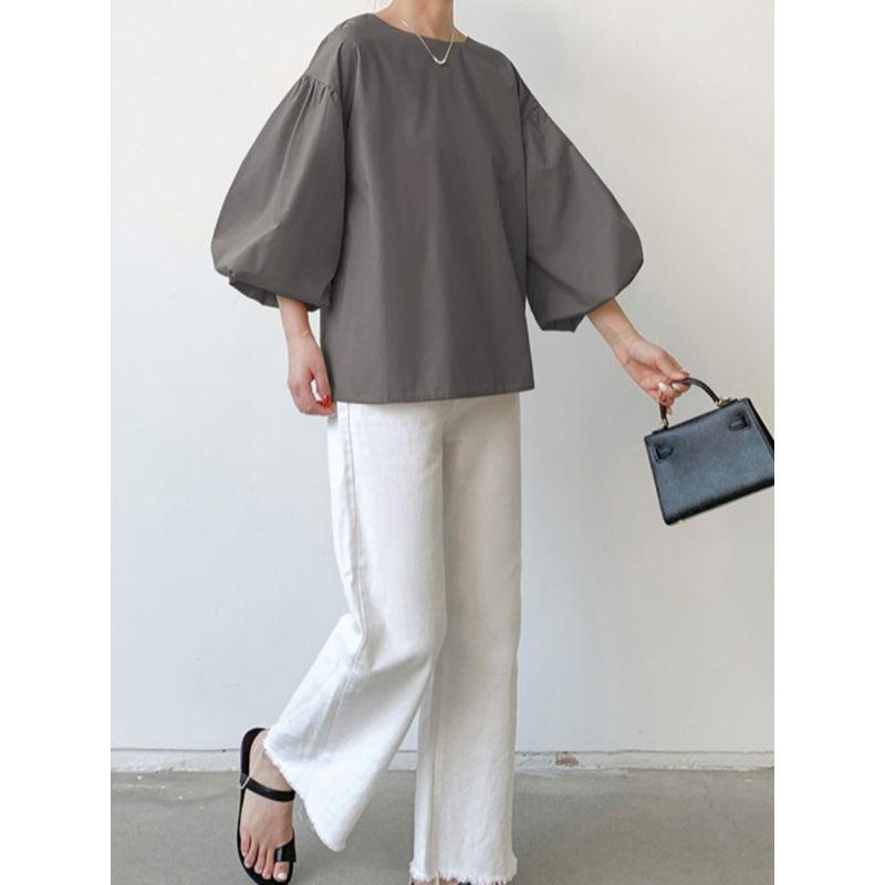 Sweet Summer K-style Fashion Solid Color round Neck Loose Cotton Lantern Sleeve Shoelace Half-Sleeve Shirt Tops Women