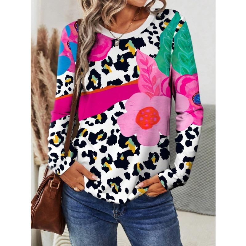 Women's T-shirts 3D Leopard Floral Print Fashion Long Sleeve Round Neck Regular Top Holiday Weekend Spring Autumn