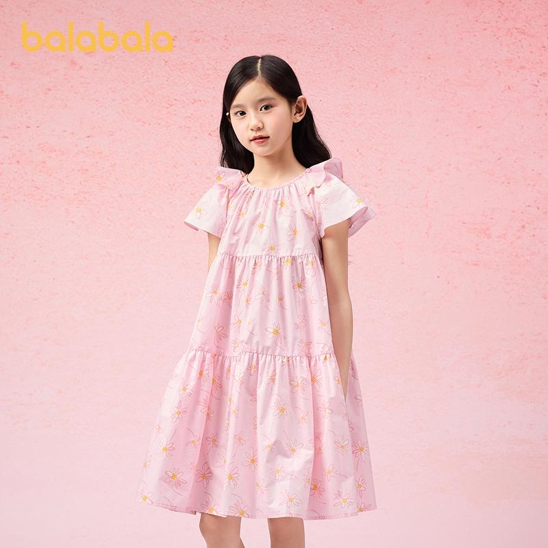 Balabala Girls' Dress, Children's Dress, 2025 New Summer Dress, Medium and Large Children's Pure Cotton Sweet A-line Tower Skirt