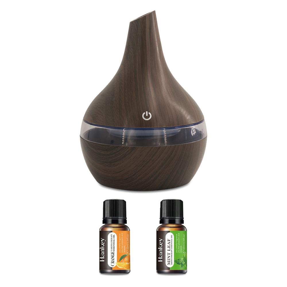 300ml Wood Grain Humidifier & Essential Oil Diffuser with 2 Aroma Oils  USB Desktop Hydration