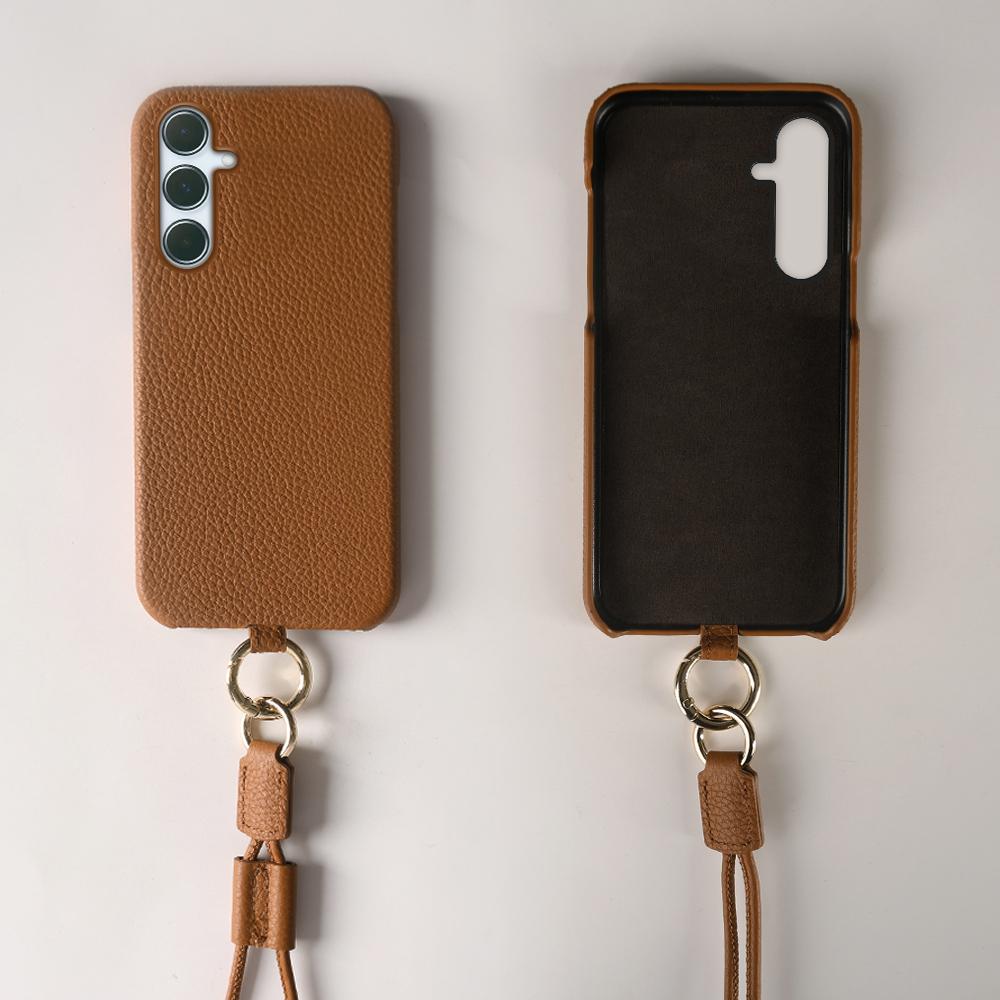 

For Samsung Galaxy A55 5G Case with Lanyard Genuine Cow Leather PC Phone Back Cover Pink