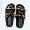 Fashion High Quality Leopard Metal Buckle Design Women Slippers Sexy Comfort Non Slip Slide Sandals Summer Size 43 Platform Flip Flops