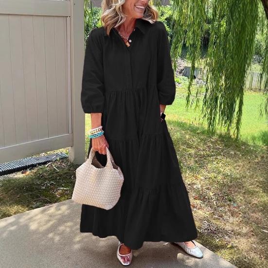 Women's 45720 Sleeve Maxi Dress Button Up Lapel Swing Dress with Pockets A-line Ruffles