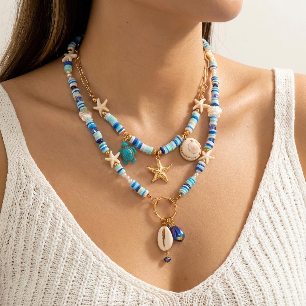Bohemain Vintage Shell Starfish Turtle Multilayer Necklace for Women Ethnic Handmade Blue Beaded Necklaces Summer Beach Jewelry