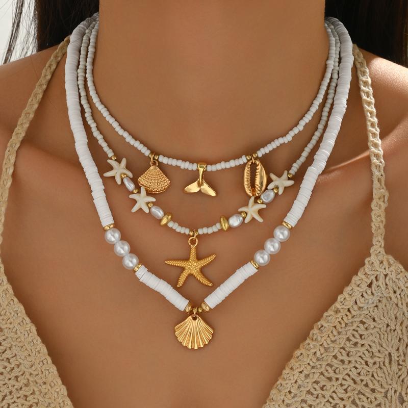 Bohemian Shell Chain Clavicle Necklace  Rice Beads Multi Layered Necklace Summer Sexy Beach Jewelry Gifts