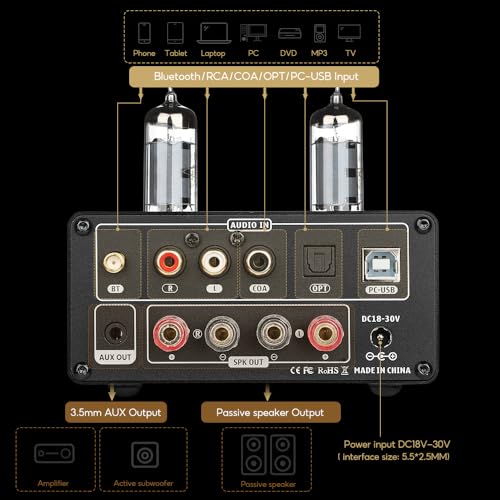 AIYIMA T9 Bluetooth 5.0 100W*2 Röhrenverstärker 2.0 Kanal Vakuumröhre USB DAC Stereo HiFi Heimaudio Digitalverstärker mit RCA/COA/Opt/PC-USB und VU