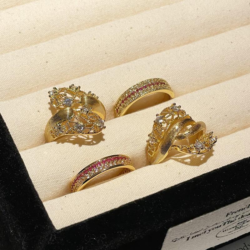 Medieval Brushed Retro Three-Dimensional Lace Hollow Open Ring Inlaid With Zircon Temperament Exquisite High-End Accessories