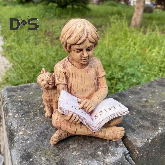 Kids Reading Statue Outdoor Boy Sitting Down Reading Book Figurine with A Cat Resin Yard Art Decoration for Garden Patio Desk Courtyard