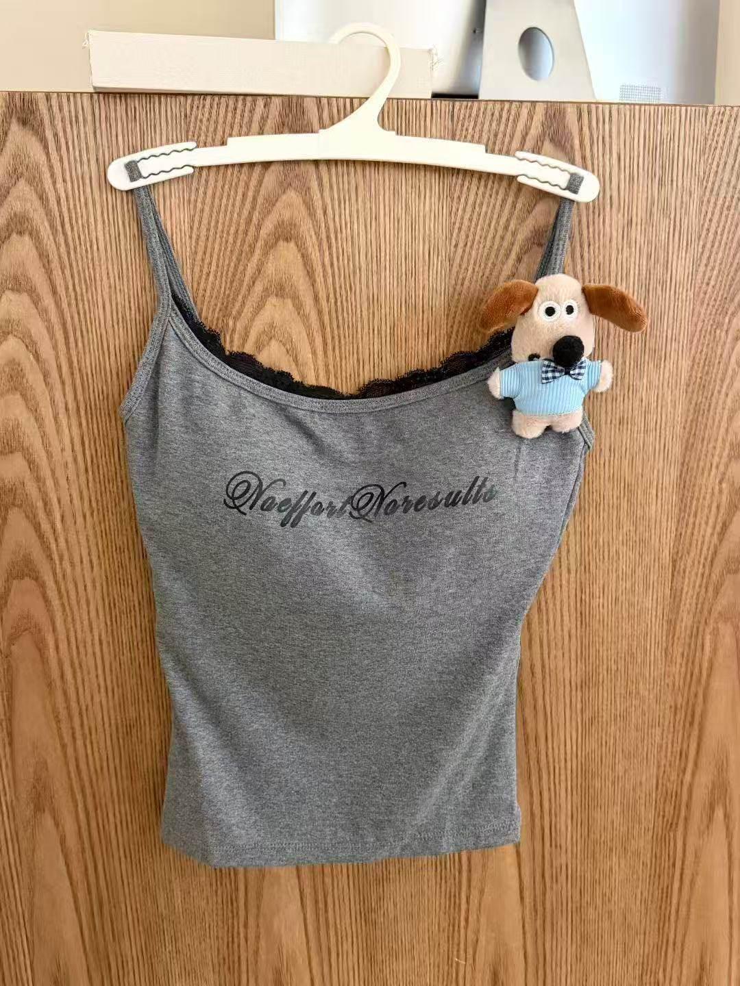 Women s Trendy Summer Lace Trim Letter Print Camisole with Chest Pads and Stylish Back One size