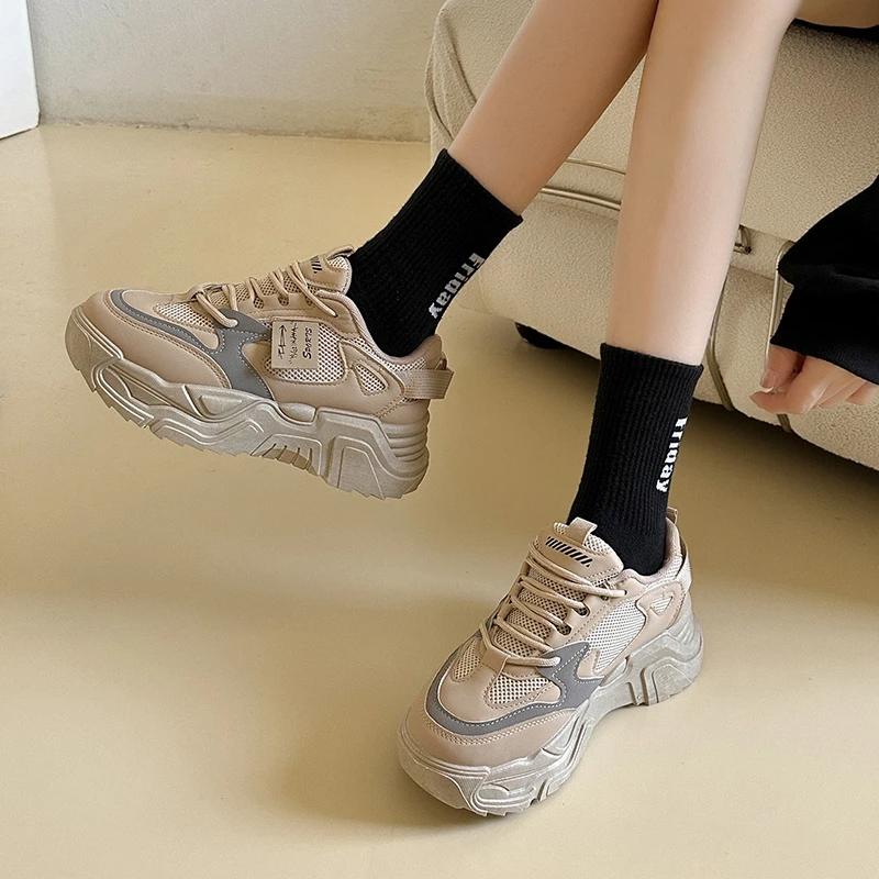 

Модная женская обувь 2024 Бренд Женские вулканизированные туфли на шнуровке Модная женская повседневная обувь с круглым носком Новая цветовая гамма Сетчатые кроссовки 40 хаки