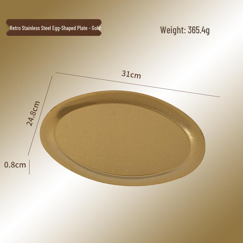 Retro Japanese Egg-Shaped 304 Stainless Steel Tableware Plate - Distressed Oval BBQ Cafe Tray
