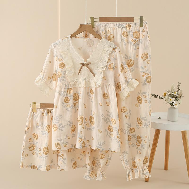 Ladies crepe cotton yarn summer and autumn short sleeves trousers shorts lace retro loungewear pajamas set three-piece set