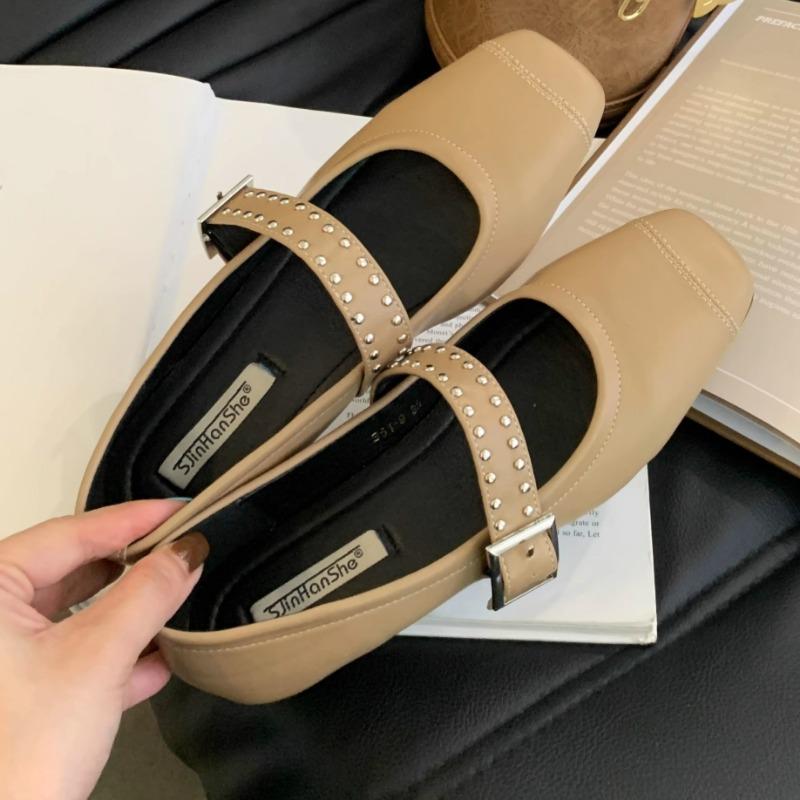 

Fashion Spring New Flat Shoes Women s Fashion Square Head Shallow Mouth Rivets Line with Soft Sole Non-slip Single Shoes 35