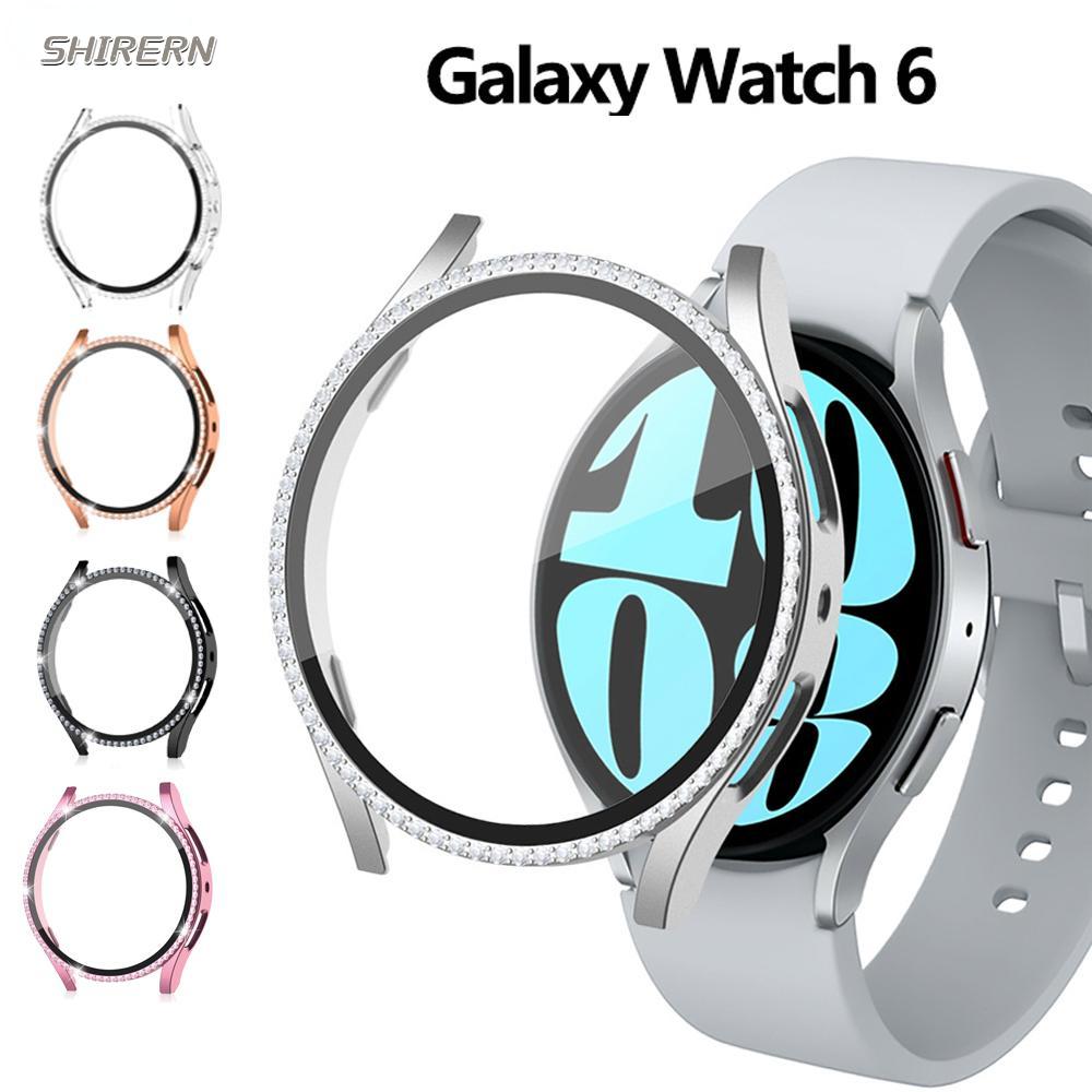 

Чехол SHIRERN из стекла + бриллиантов для Samsung Galaxy Watch 6, 40 мм, 44 мм, аксессуары, блестящий бампер для ПК + защитная пленка для экрана, Galaxy watch 6, чехол