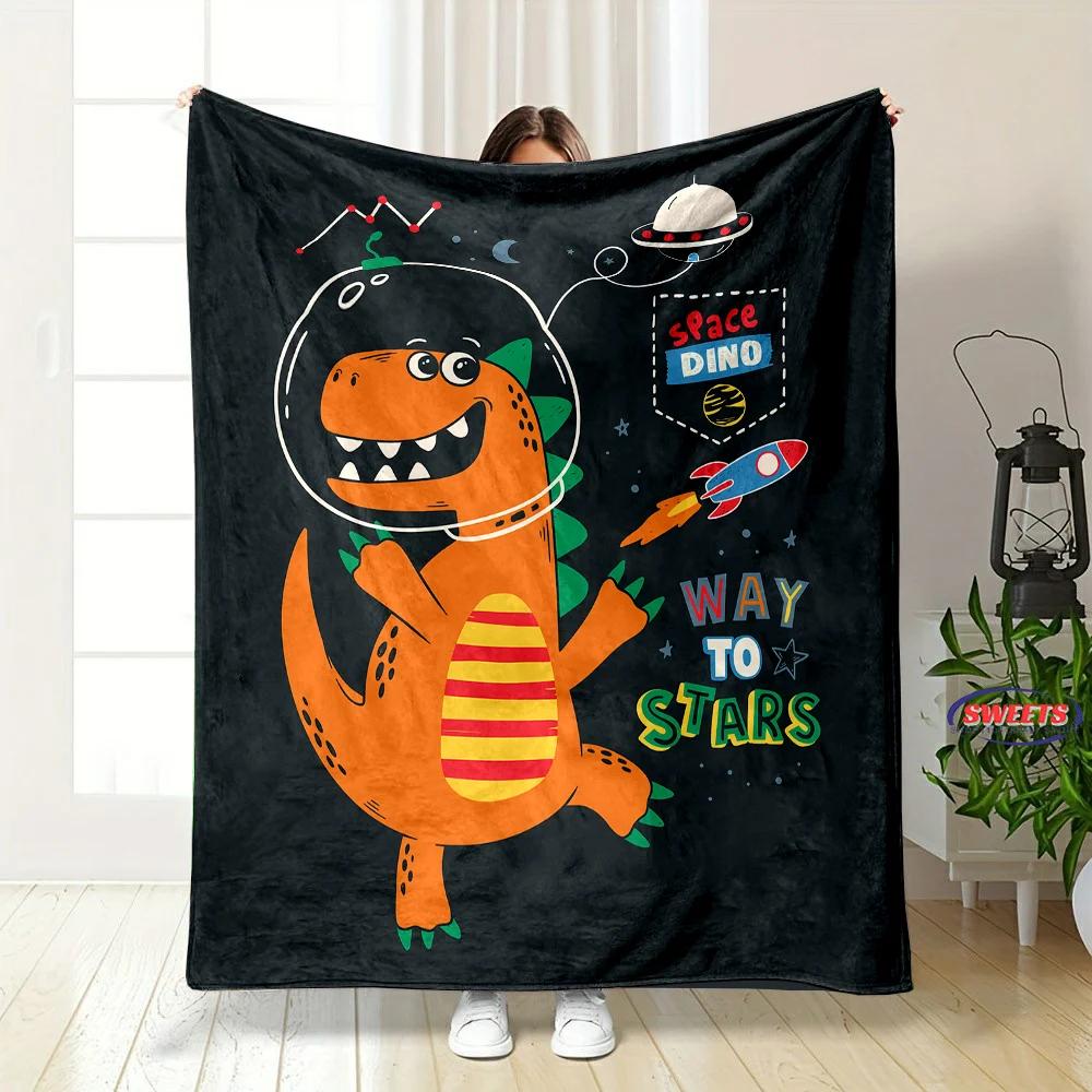 Cartoon Dinosaurier Weltraum Muster weiche Flanelldecke für Bett Schlafzimmer Sofa Picknick, Warme Überwurfdecke zum Zudecken Outdoor Freizeit Nickerchen