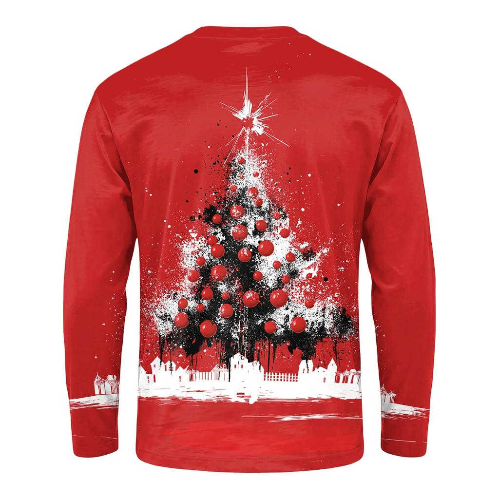 Men's Big Size Loose Fit Long Sleeve Neck T-Shirt with Christmas Print for Winter