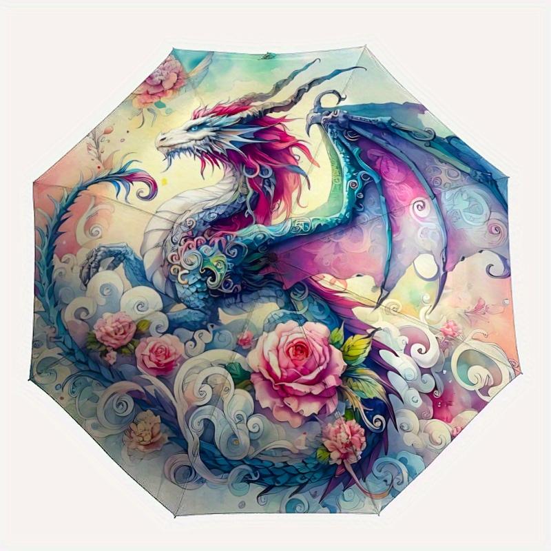 1pc Fantasy Dragon Floral Folding Umbrella: Auto-Open Close, Portable 3-Fold Design, 8-Bone Iron Frame, Outdoor, Perfect Festival Gift for Fans,
