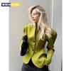 2026 Autumn Women Blazer V Neck Collarless Long Sleeve Hollow Metal Button Cinched Waist Green Tailored Jacket