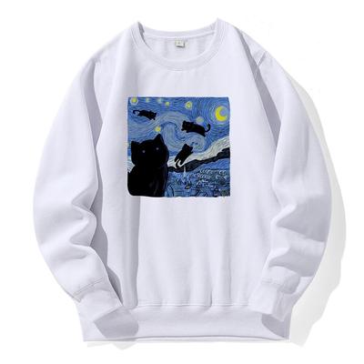 Oil Painting Black Cat Starry Night Printing Hooded Unisex Sports Fashion New Hoodies Fleece Warm Sweatshirt Loose Oversized Hoody
