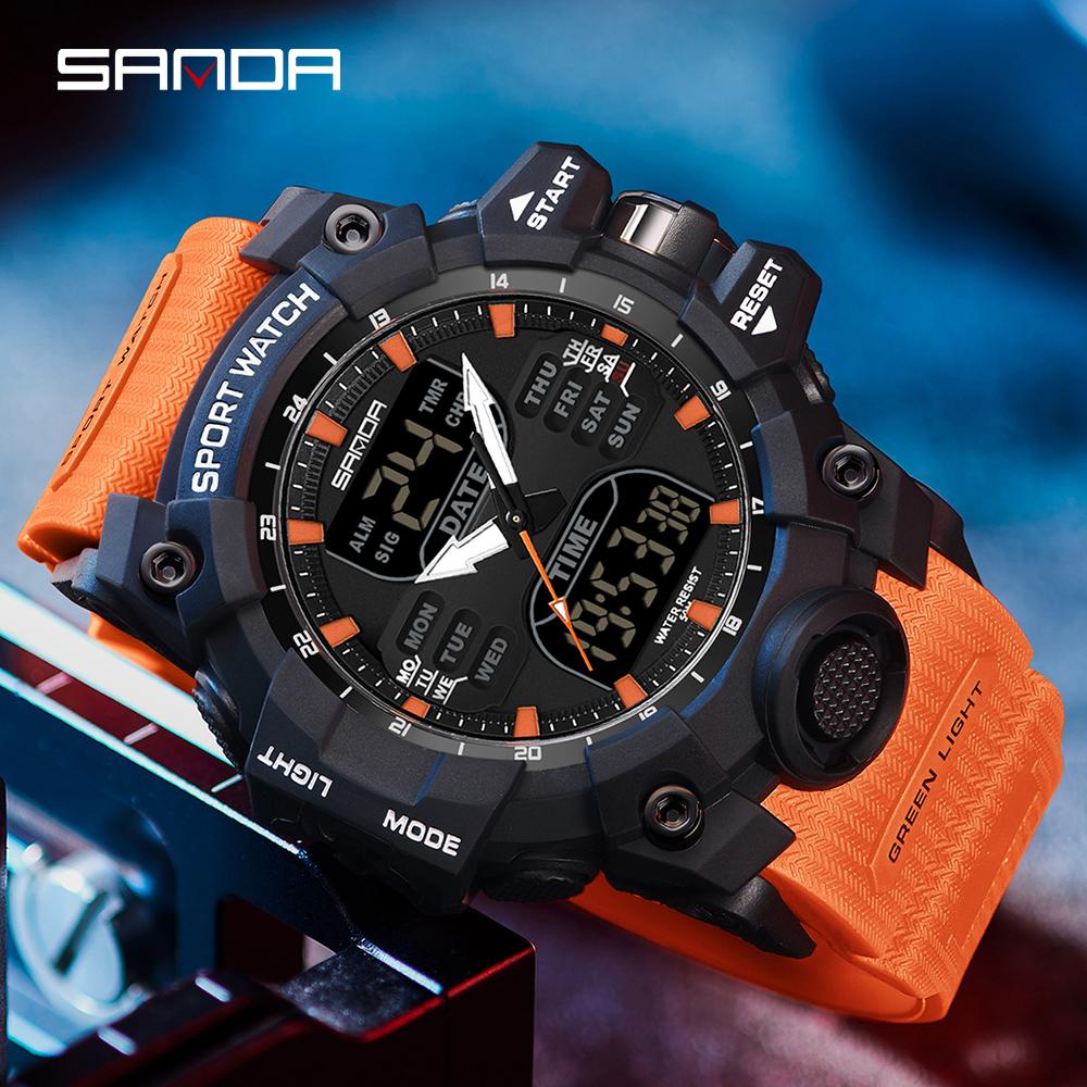 SANDA Sports Military Men's Watches Luxury Dual Display Watch 50M Waterproof Quartz Wristwatch for Male