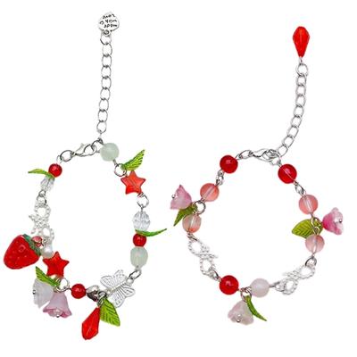 Strawberry Flower Pendant Bracelet Elegant Pearls Bowknot Wristband Adjustable Chain Cute Handstring Aesthetic Jewelry