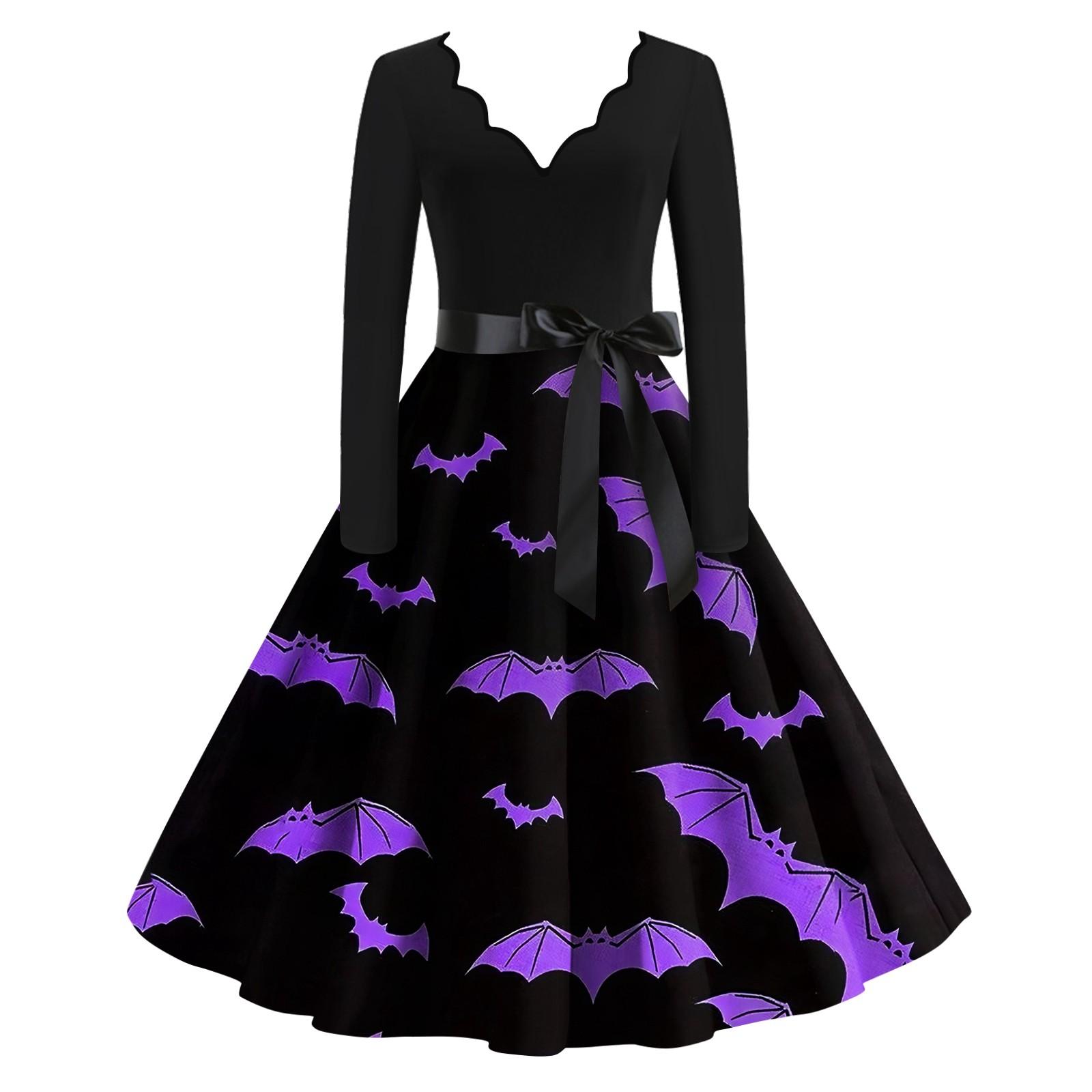 

Женское винтажное платье с длинным рукавом для Хэллоуина и принтом 1950-х годов, вечернее платье для выпускного вечера для домохозяйки XL фиолетовый