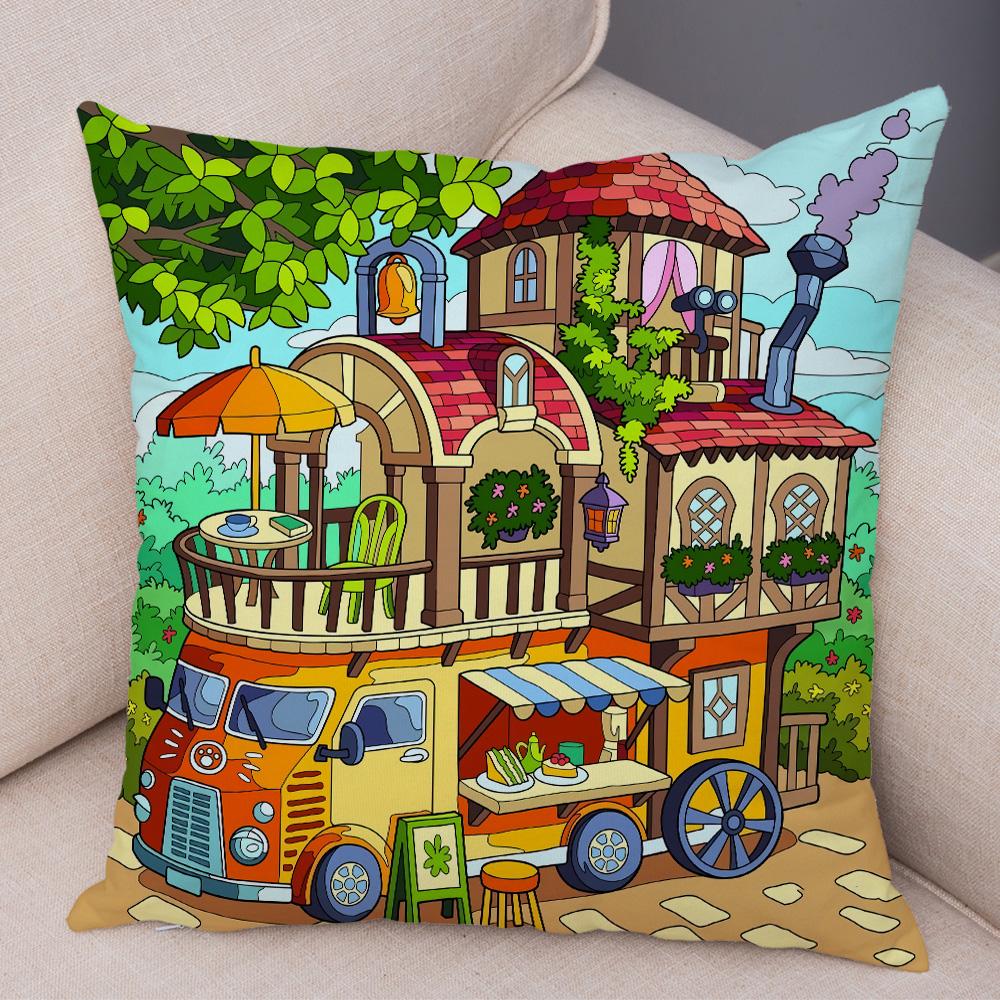 Cartoon Emblem Flower Printing Pattern Decorative Pillowcase Home Sofa Bedroom Car Room